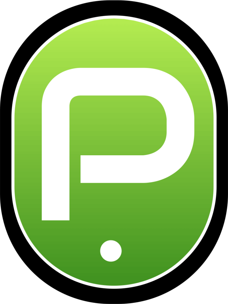 pave n turf logo - Green and white parking sign icon with a prominent letter 'P' encased in a black circle with a gradient green background, indicating a parking area.