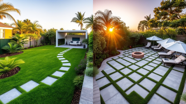 Image showcasing pave and turf—combining artificial grass and paving in modern landscaping for a beautiful, low-maintenance outdoor space