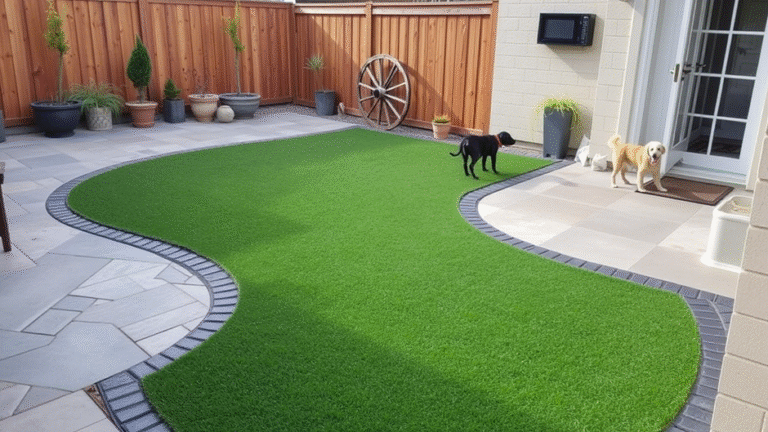Artificial lawn grass turf installed in a residential backyard and a commercial space, showcasing its versatility and aesthetic appeal.
