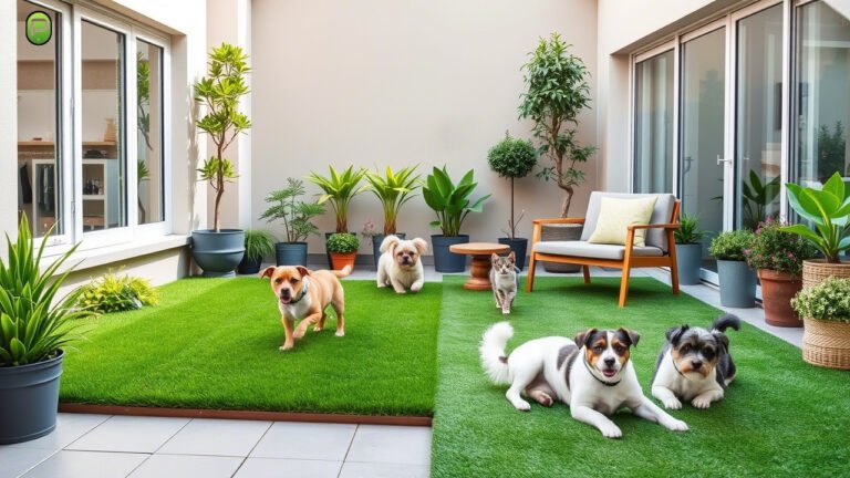 Small balcony with artificial grass installed, showcasing the best pet turf solutions for apartment living.