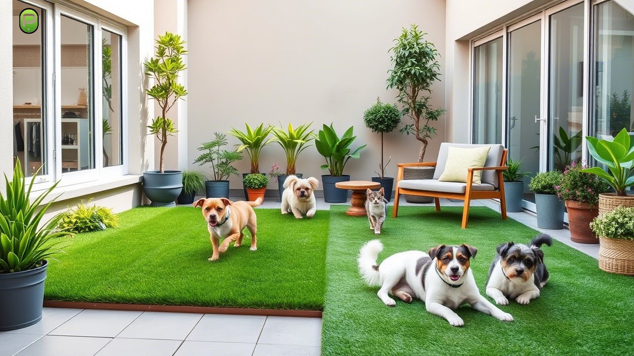 Small balcony with artificial grass installed, showcasing the best pet turf solutions for apartment living.