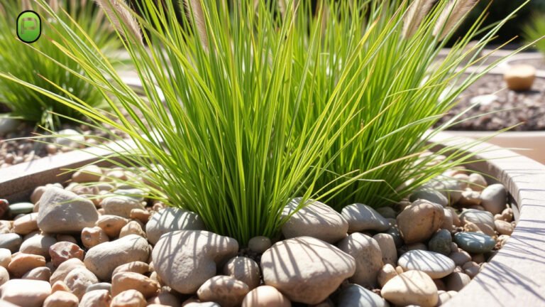 A landscaped garden bed featuring native grasses surrounded by smooth river rocks and rugged decorative stones for texture and contrast.