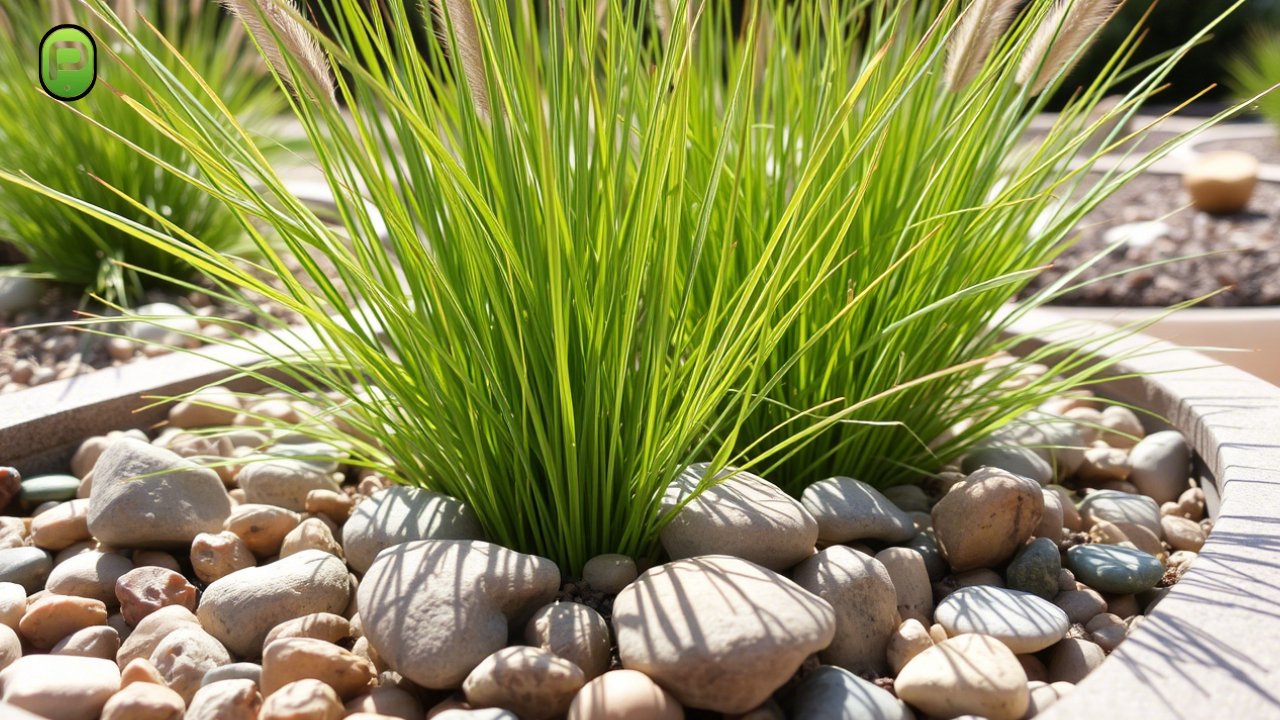 A landscaped garden bed featuring native grasses surrounded by smooth river rocks and rugged decorative stones for texture and contrast.