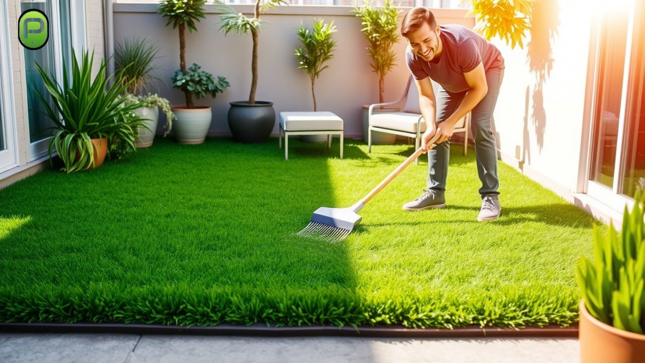 Lush green artificial lawn grass turf covering a modern backyard, offering a neat and well-maintained landscape.