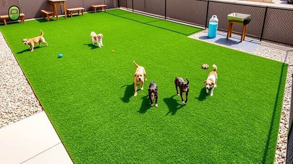 A playful dog enjoying a run on lush, green pet turf designed for durability and comfort in high-traffic areas.