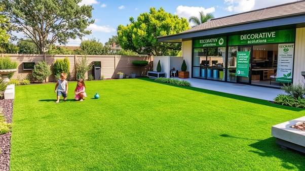 Commercial and residential landscapes enhanced with lush, low-maintenance artificial turf under a bright, sunny sky
