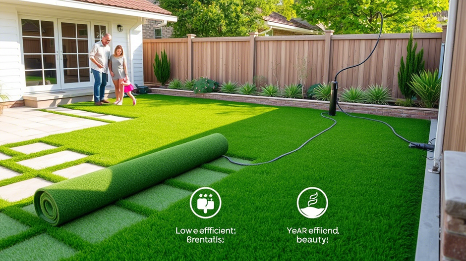 A neatly landscaped backyard with artificial lawn rolls installed, showcasing a lush, green, low-maintenance lawn bordered by flower beds and outdoor seating.