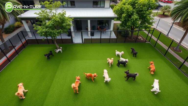 Golden retriever lounging comfortably on premium artificial turf for dogs in a sunny Dallas TX backyard with clean landscaping and a white picket fence.