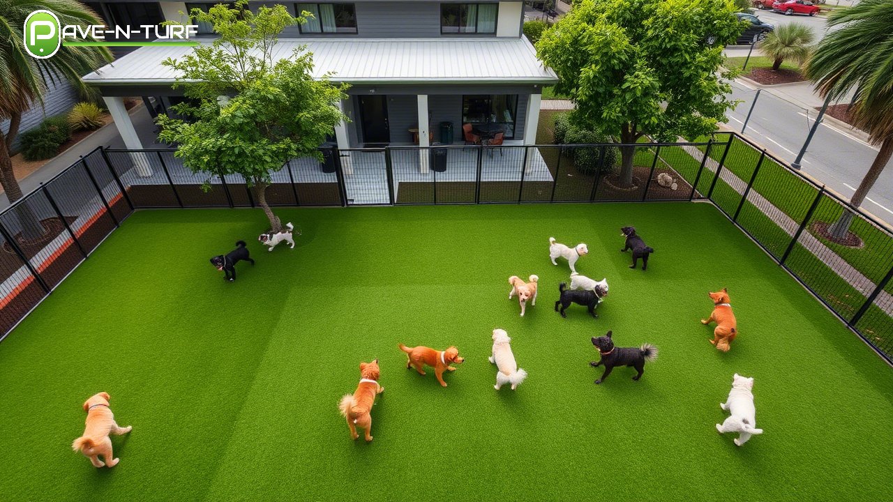 Golden retriever lounging comfortably on premium artificial turf for dogs in a sunny Dallas TX backyard with clean landscaping and a white picket fence.