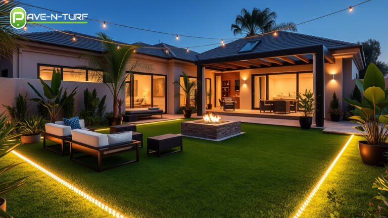A modern backyard featuring lush artificial turf and paver services, designed for elegant and low-maintenance outdoor living.