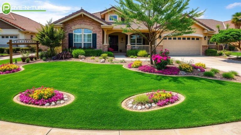 Sophisticated patio design with Premium Landscape Pavers in natural earth tones, surrounded by vibrant landscaping and soft lighting accents