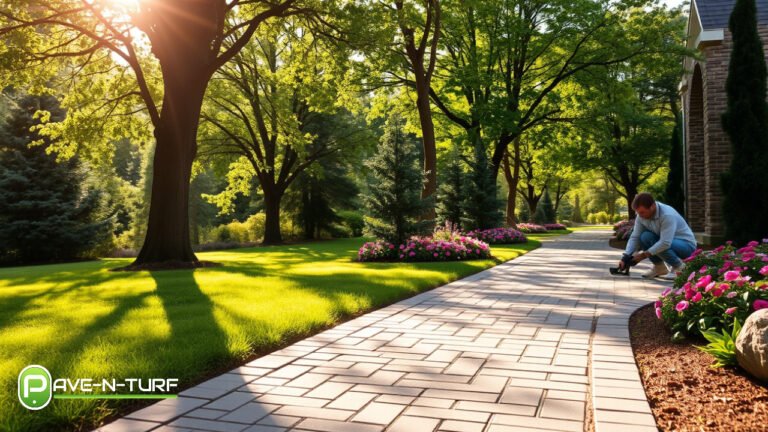 A beautifully designed backyard patio featuring premium landscape pavers in warm earth tones, arranged in a herringbone pattern surrounded by lush greenery and ambient garden lighting.