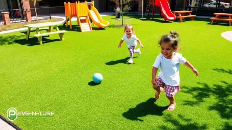 A vibrant daycare playground featuring children playing on Artificial Turf Playscapes with colorful equipment, surrounded by a clean, safe environment
