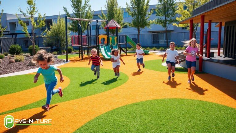 A school playground covered in commercial turf with children playing on it, surrounded by colorful play structures and shaded areas.