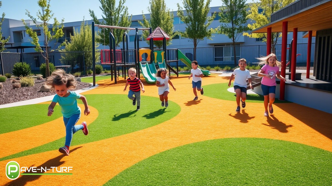 A school playground covered in commercial turf with children playing on it, surrounded by colorful play structures and shaded areas.