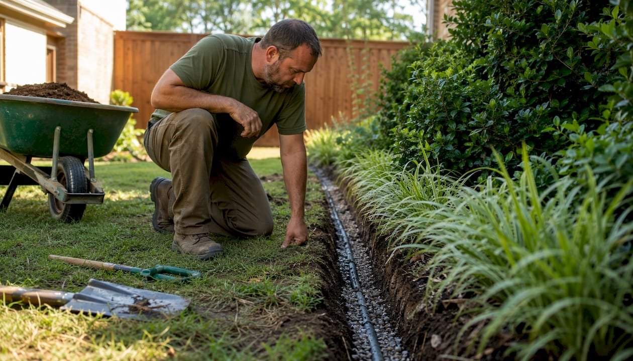 Man inspecting backyard drainage trench