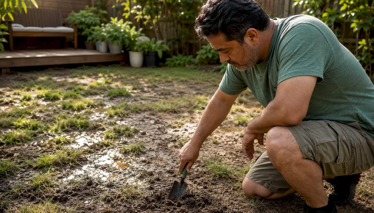 Man inspecting muddy backyard soil after rain