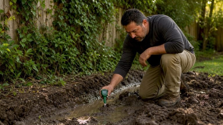 Man inspecting soggy clay soil in backyard