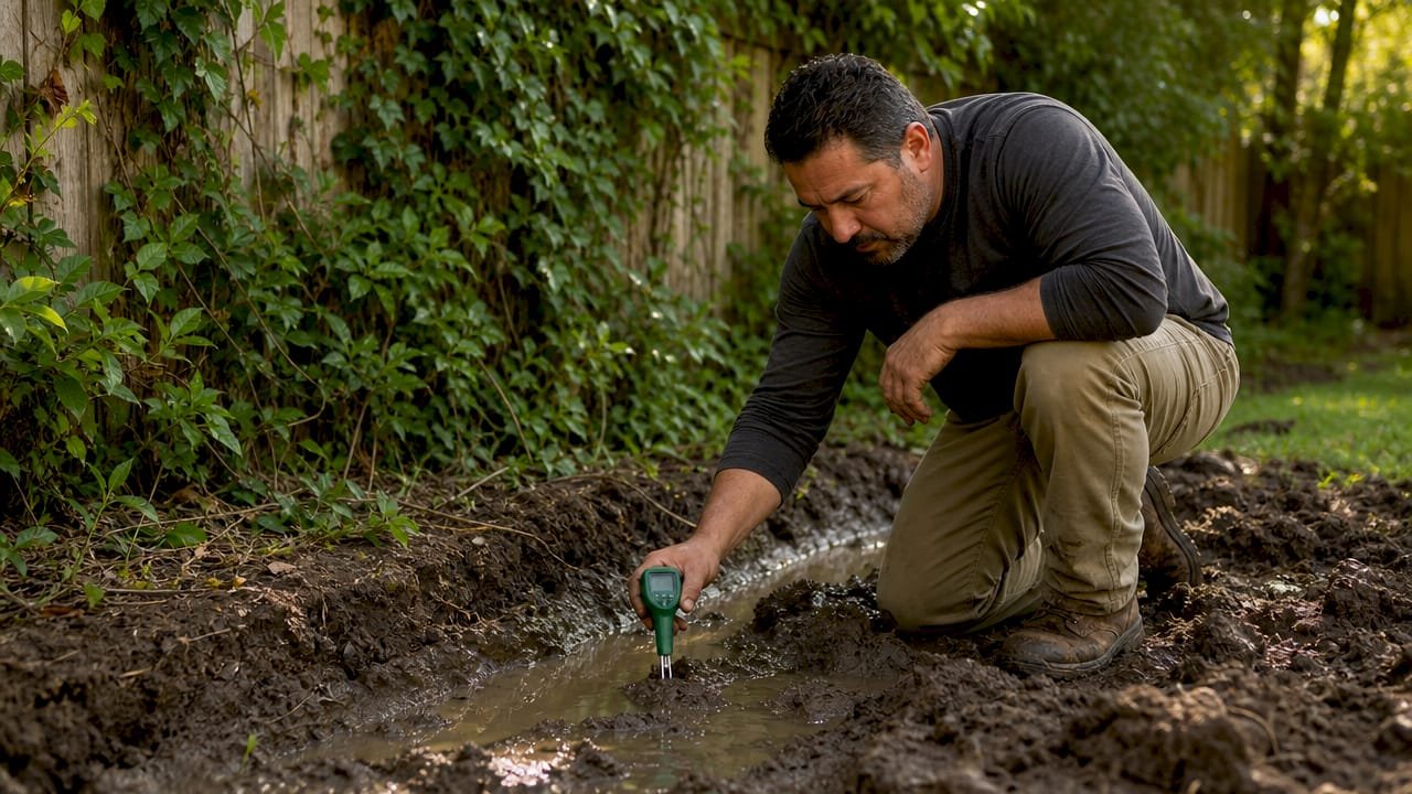 Man inspecting soggy clay soil in backyard
