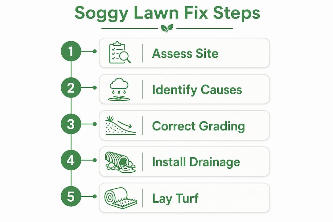Infographic outlining five step soggy lawn fix process