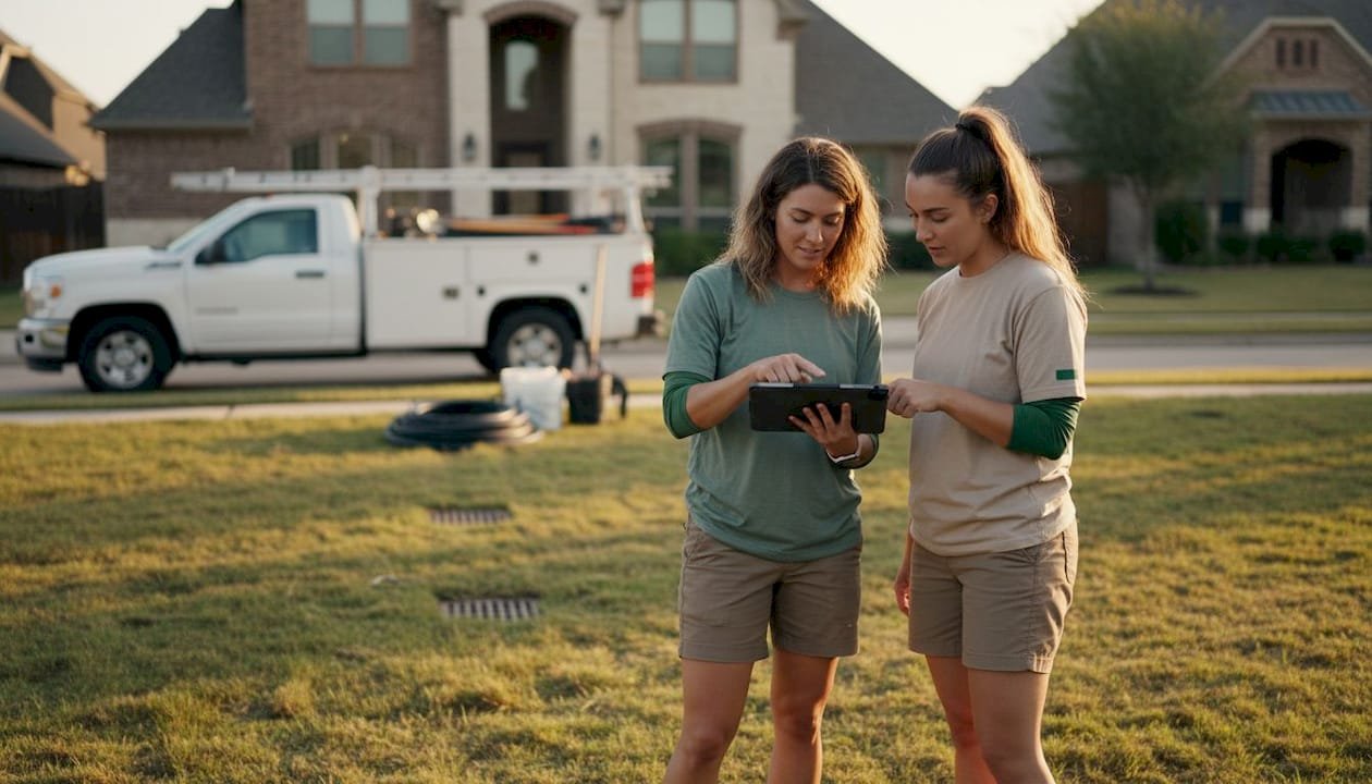Two landscapers planning drainage in yard