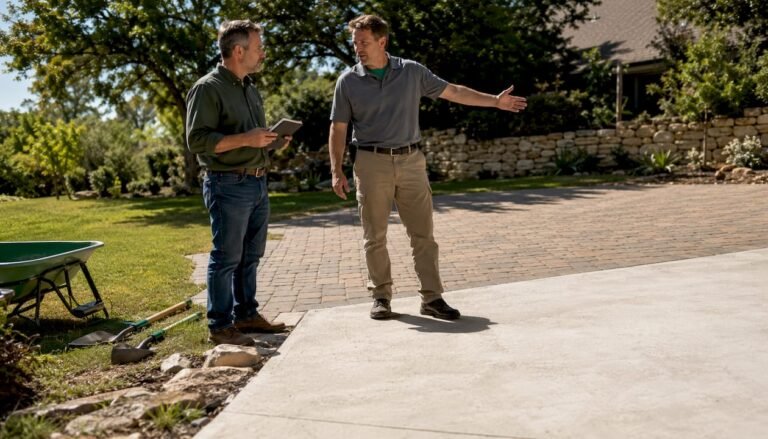 Texas homeowner and contractor comparing driveways outdoors