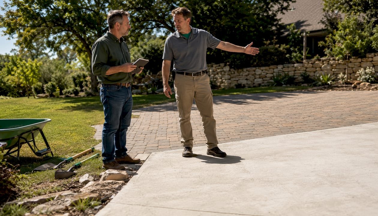 Texas homeowner and contractor comparing driveways outdoors