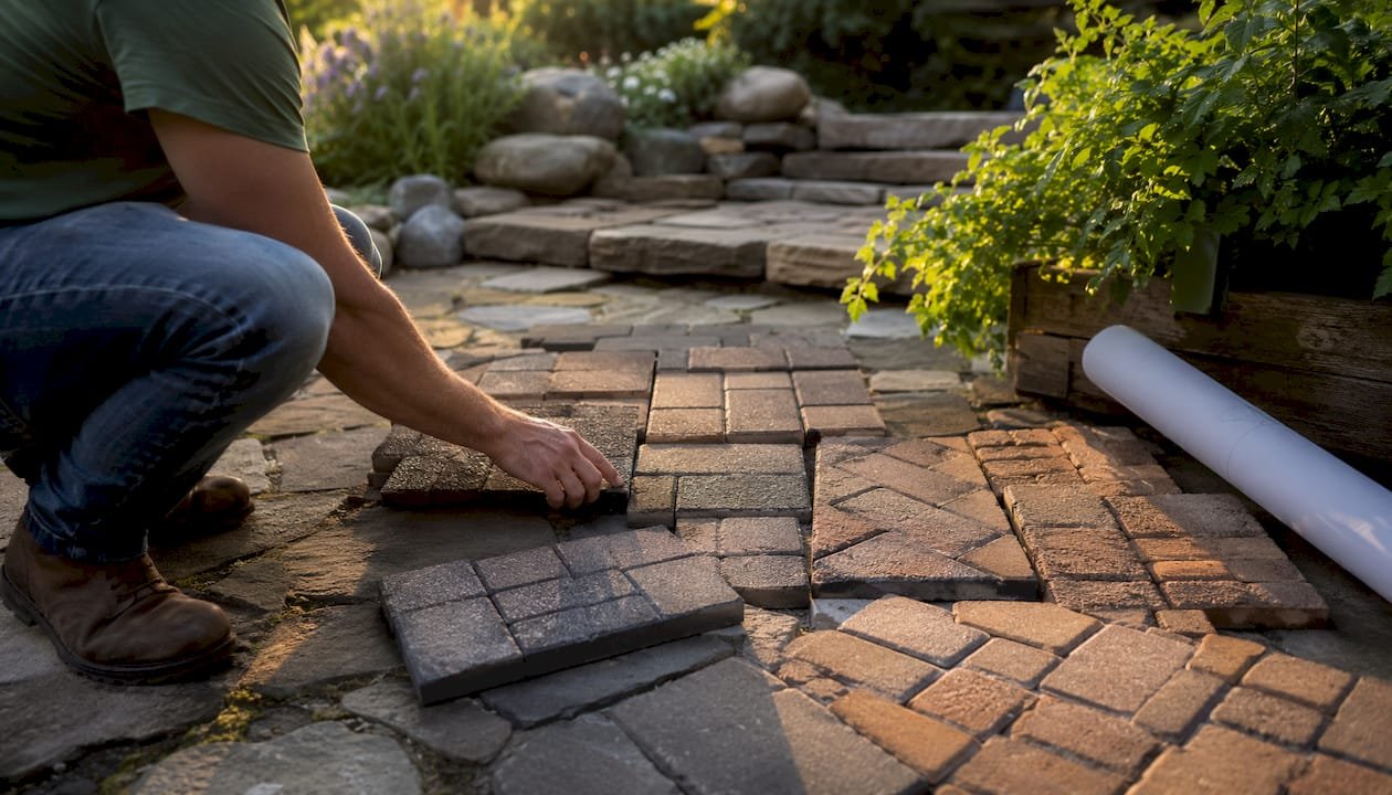 Colorful driveway pavers and design samples close-up