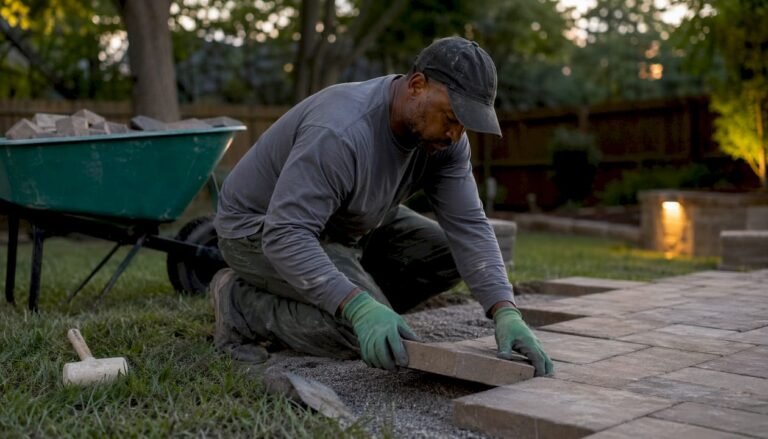 Landscaper installing permeable pavers outdoors