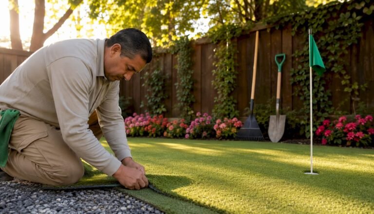 Man installing backyard putting green turf