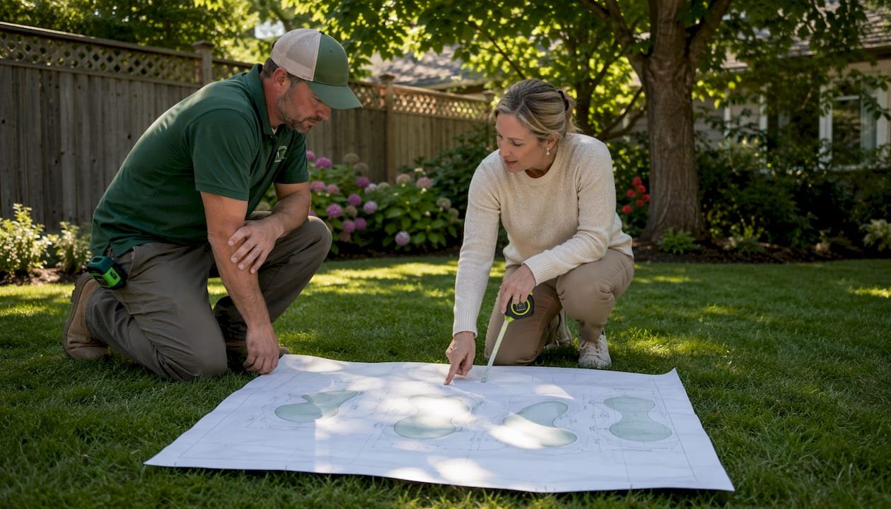 Homeowner and landscaper reviewing putting green plans
