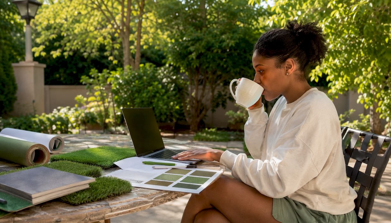 Woman researching putting green cost at home