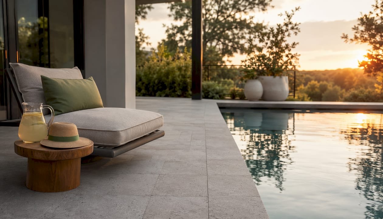Modern pool deck with sleek porcelain pavers and loungers