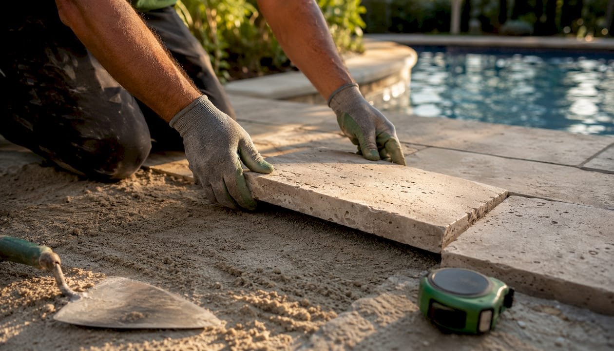 Close-up of travertine paver installation near pool