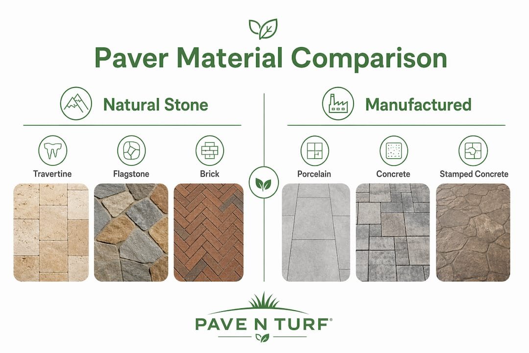 Infographic comparing natural stone and manufactured pool deck pavers