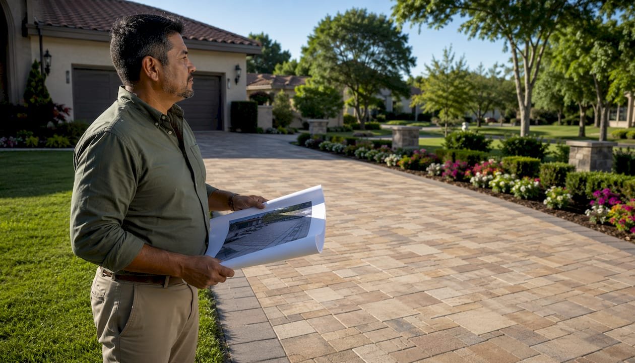 Homeowner reviewing new driveway paver installation