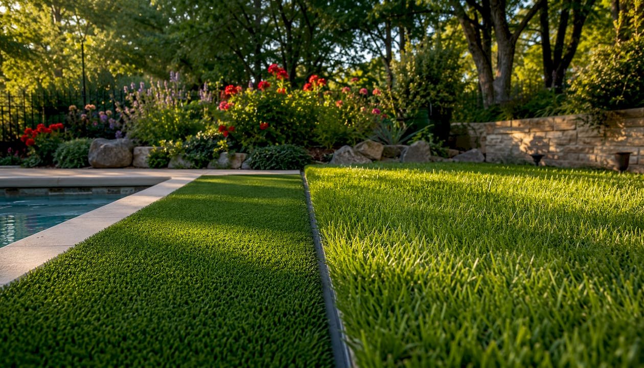 Close-up artificial pool turf versus lawn turf comparison
