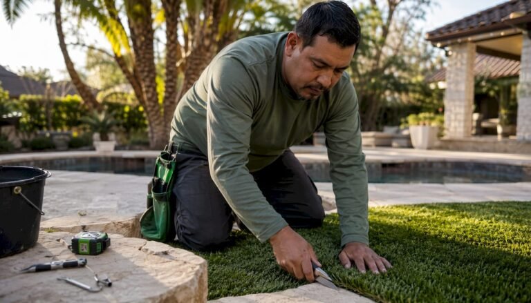 Hispanic man installing pool deck turf outdoors
