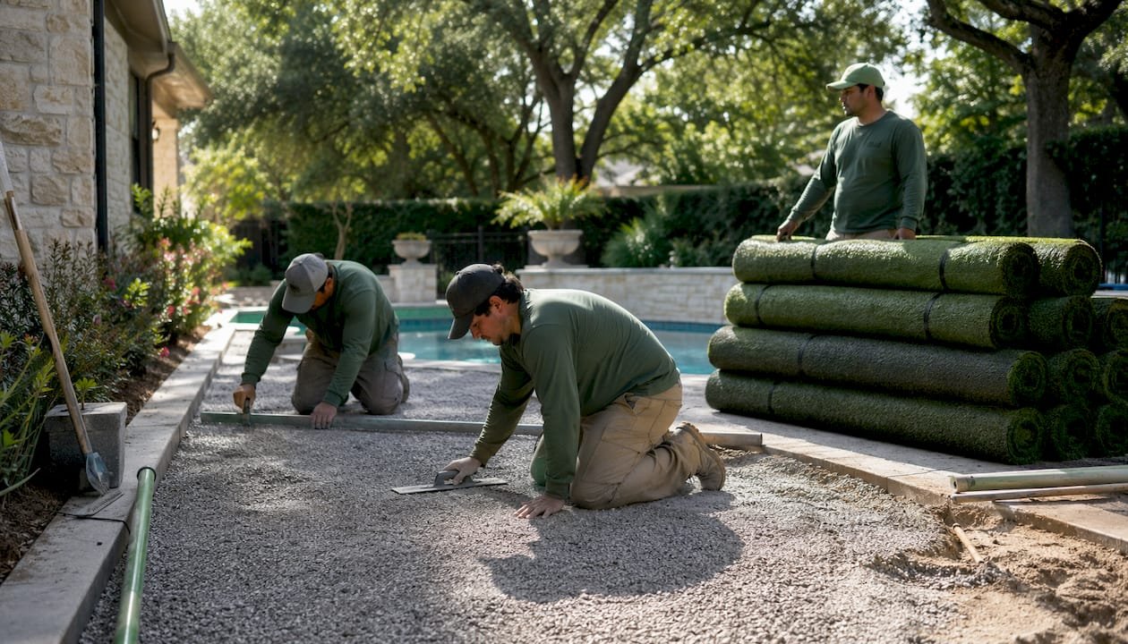 Pool deck turf installation crew at work outdoors
