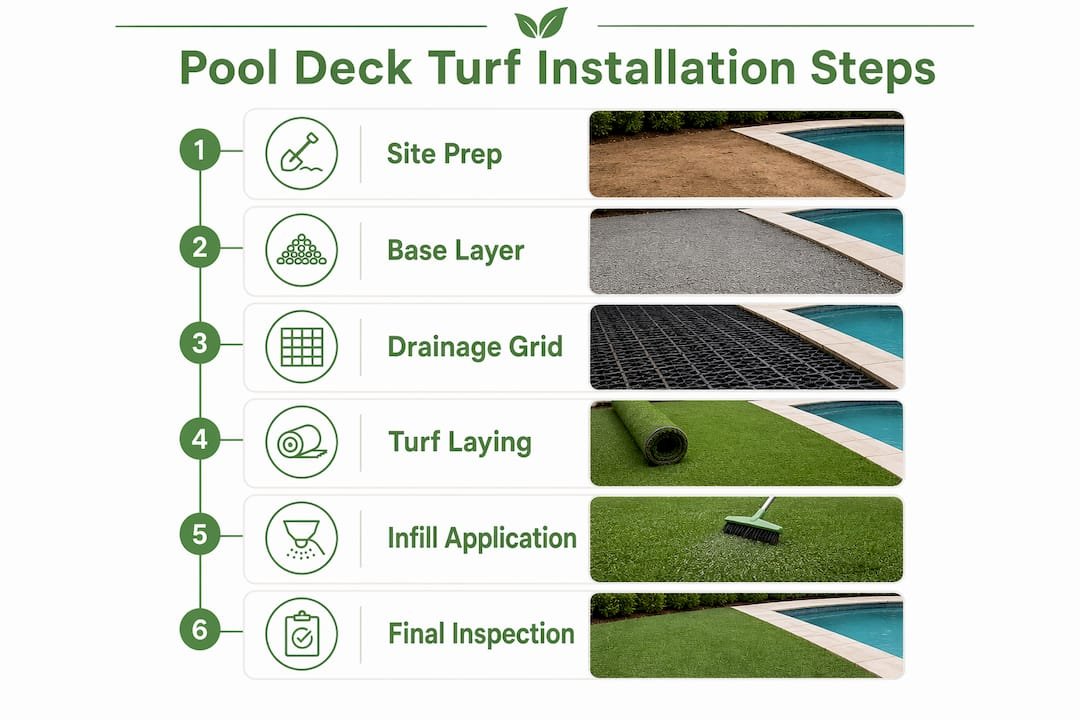 Infographic illustrating pool deck turf installation steps