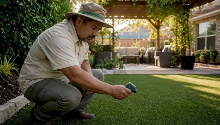 Man measuring temperature on artificial turf in Texas yard