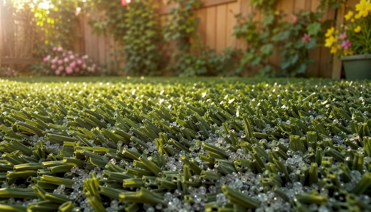 Close-up of cooling infill in artificial turf fibers