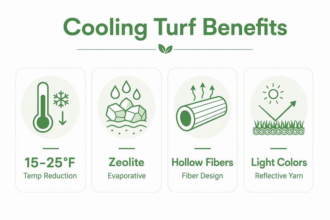 Infographic summarizing artificial turf cooling methods and effects