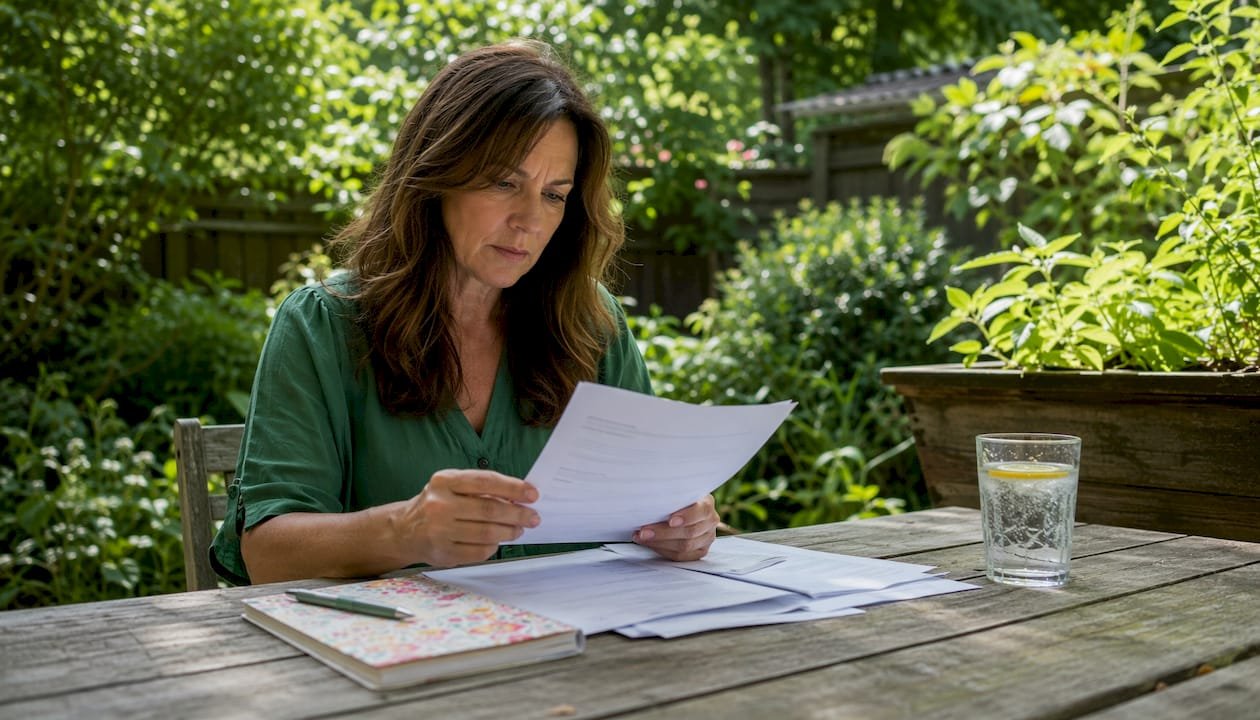 Homeowner carefully reading warranty papers at kitchen table