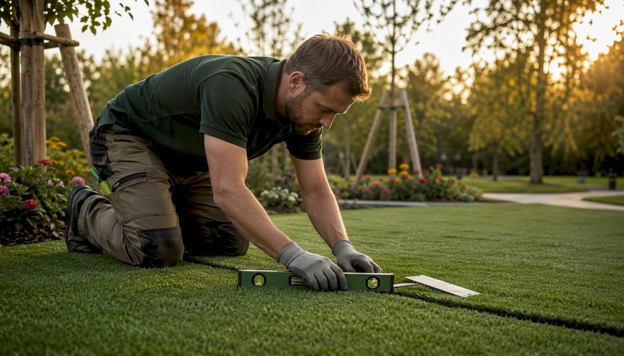 Installer inspecting seams on artificial turf in backyard