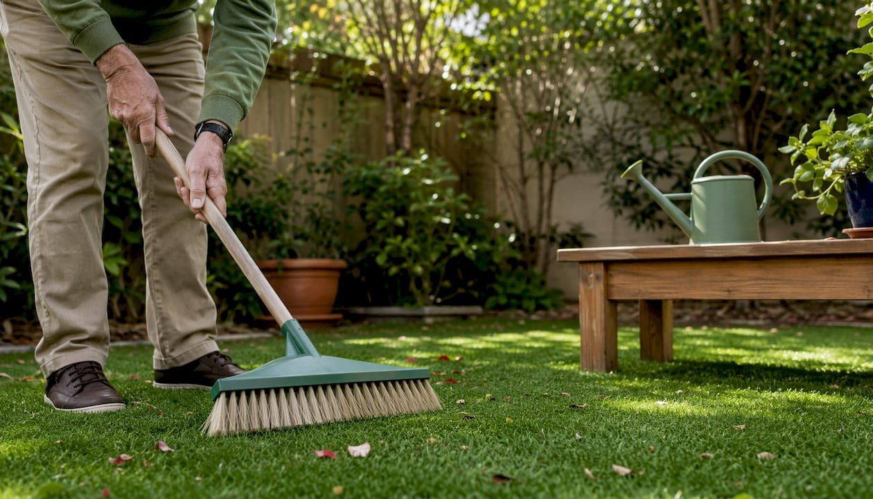 Hands brushing and cleaning artificial grass outdoors