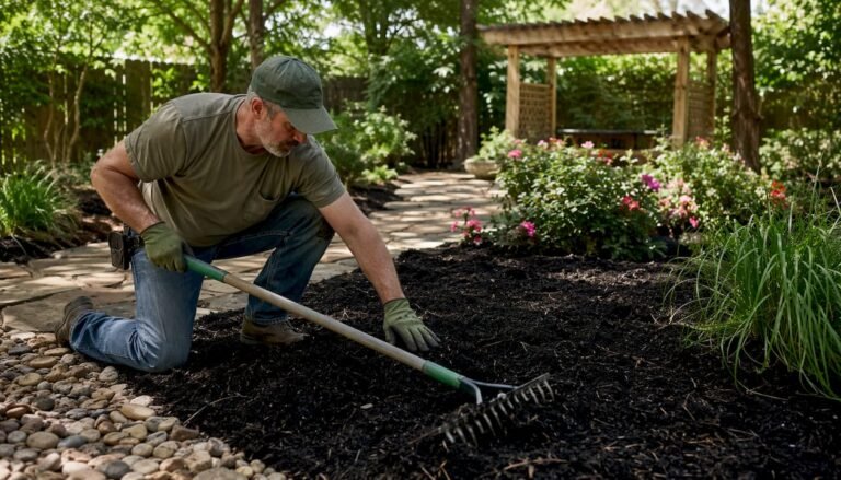 Landscape installer working on rock and mulch bed