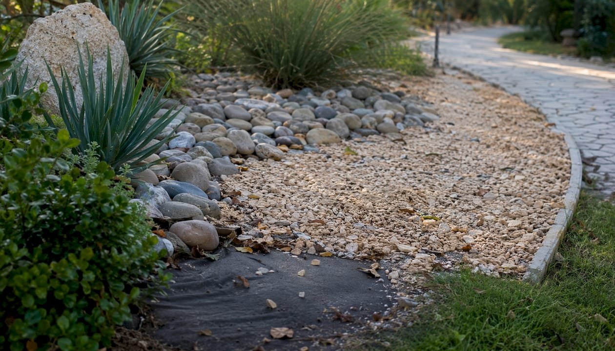Close-up view of decorative rock bed with plants
