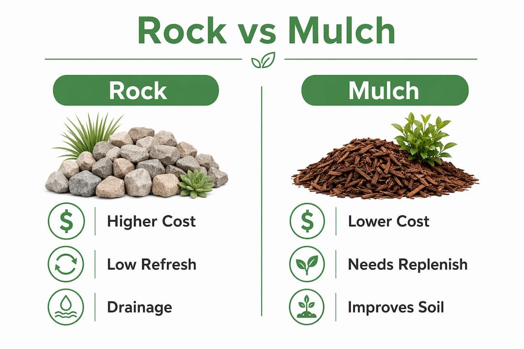 Infographic comparing rock and mulch landscaping