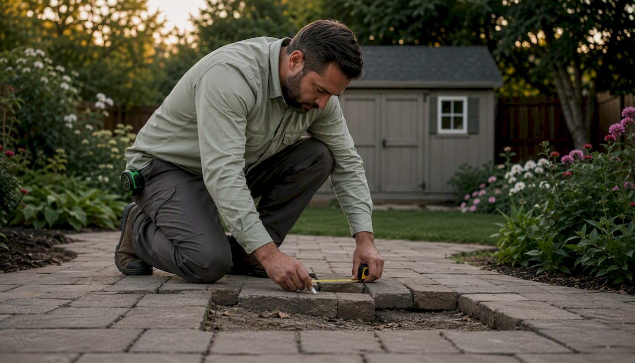 Inspector examining sunken pavers outdoors
